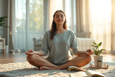 Técnicas de distracción para ansiedad: Meditación en casa con mujer sentada en postura de loto en una sala luminosa junto a un libro y una planta