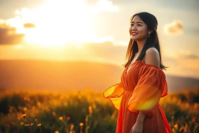 Mujer sonriente en un campo al atardecer con vestido naranja que evoca Técnicas para Fomentar Autoestima: Inspiración en el Atardecer