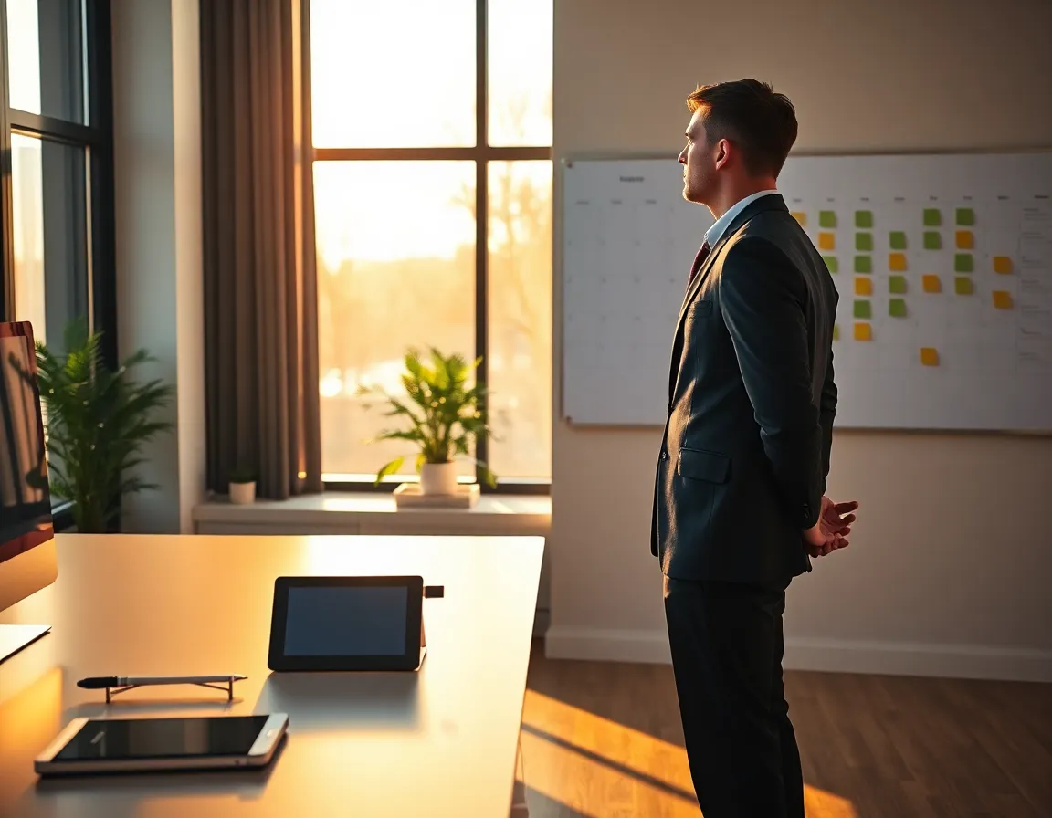 Ejecutivo de pie frente a una pizarra con notas adhesivas y tablet sobre el escritorio, ilustrando Estrategias efectivas de tecnicas gestionar tiempo trabajo en la oficina.