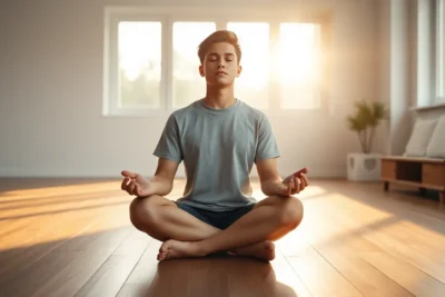 Joven sentado en posición de loto meditando en una sala luminosa, Técnicas para mejorar la atención y concentración a través de la meditación.