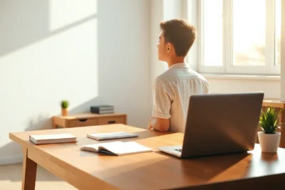 Adolescente sentado en un escritorio con laptop y cuadernos, representando Estrategias y técnicas para mejorar la concentración en adolescentes.