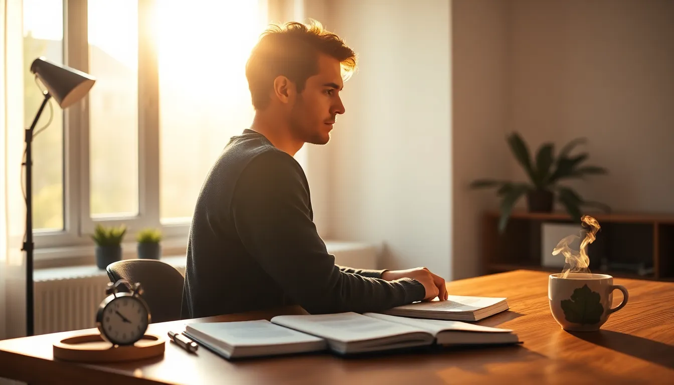Persona concentrada en un escritorio con cuadernos abiertos, reloj y taza de café, representando Técnicas para mejorar la concentración en tareas específicas.