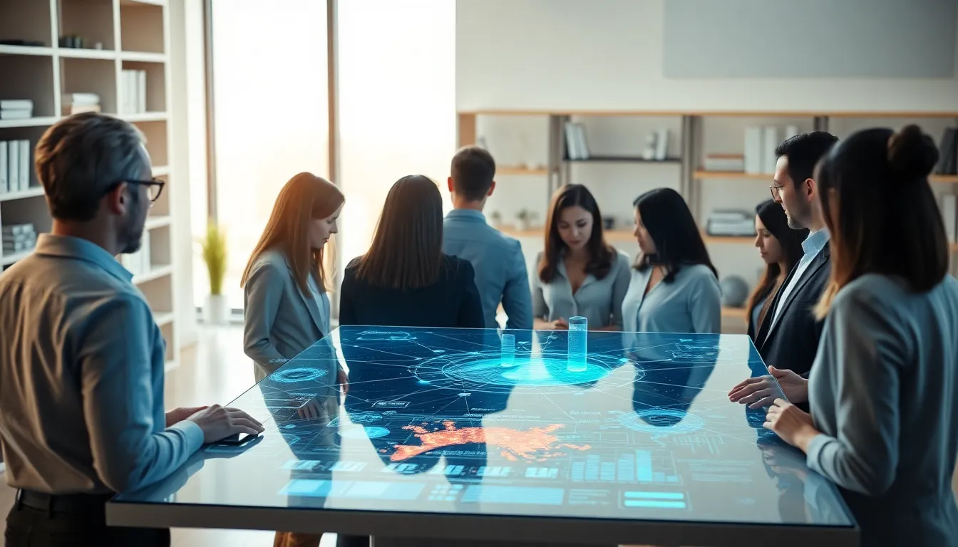 Reunión de equipo aplicando tecnicas organizar informacion empresa en una mesa digital.