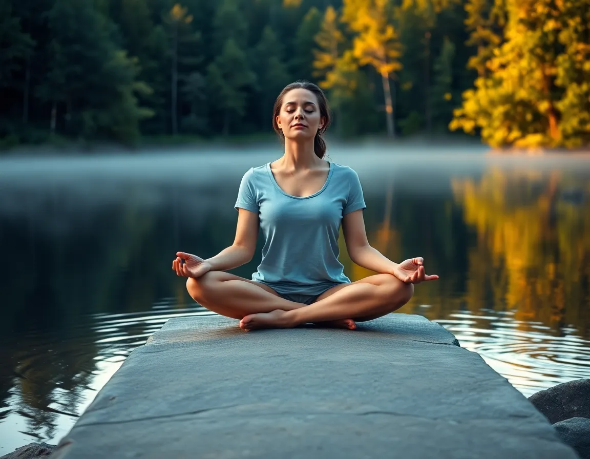 Mujer practicando tecnicas relajacion atencion plena regulacion emocional al aire libre