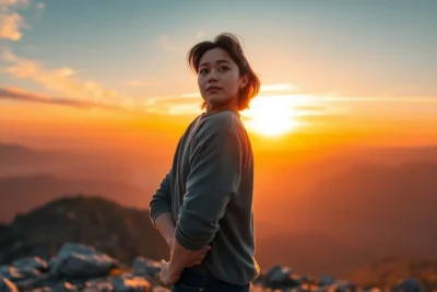 Una persona mostrando tener actitud confianza mental al atardecer en la montaña.