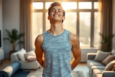 Joven sonriendo en casa mientras hace ejercicios para tener confianza uno mismo.