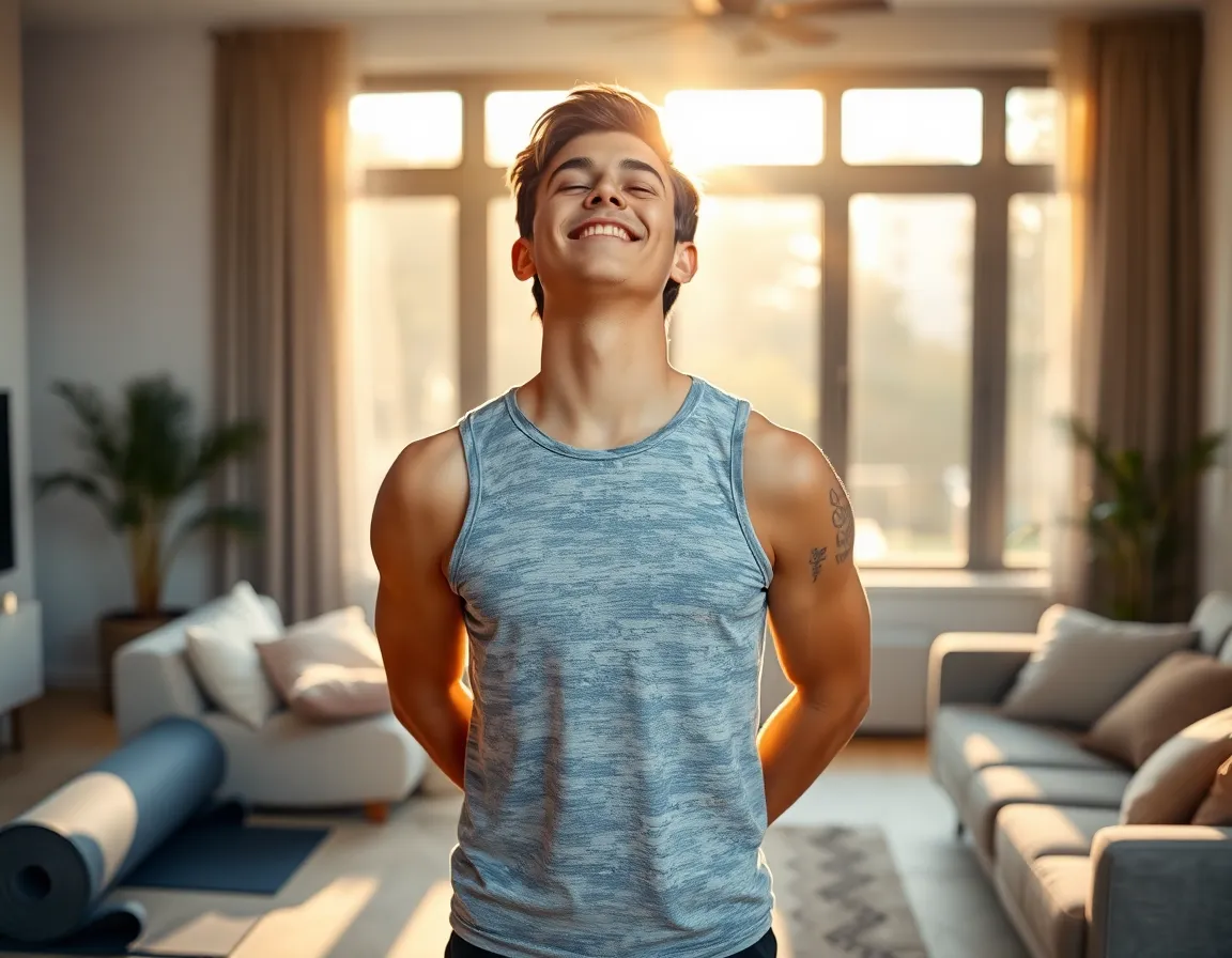 Joven sonriendo en casa mientras hace ejercicios para tener confianza uno mismo.