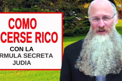 Hombre con larga barba junto a un cartel que promociona Cómo volverse rico y exitoso con fórmula secreta
